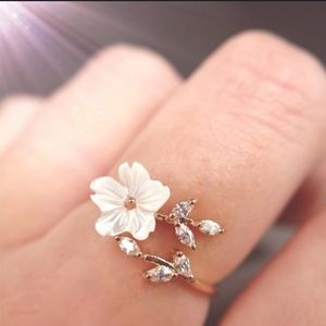Rose Gold Plated Cherry Blossom Flower Bypass Ring CZ Crystal Sparkle